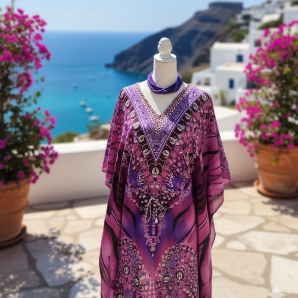 Kaftan dress with matching wood necklace feather and boho print OSFM